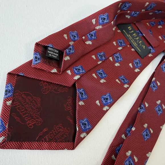 Biella 100% Silk Tie Made in Italy for Britches of Georgetown Red Blue Pattern - Picture 8 of 16